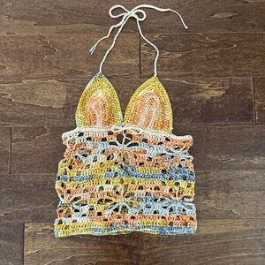 Handmade Crochet Open Knit Halter Neck Tank Top XS Orange Blue Boho Festival